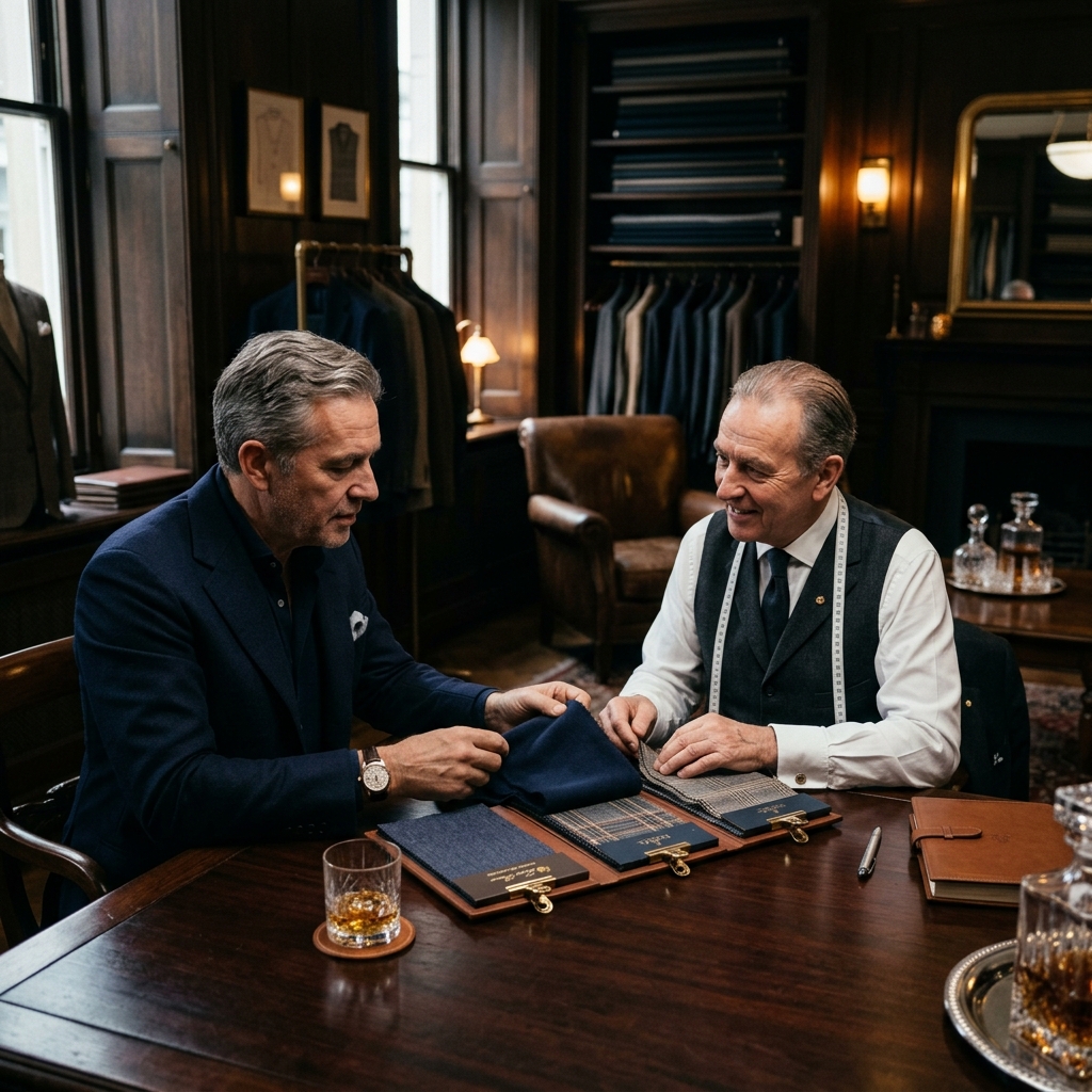 Private consultation with master tailor and client reviewing Loro Piana swatches over scotch