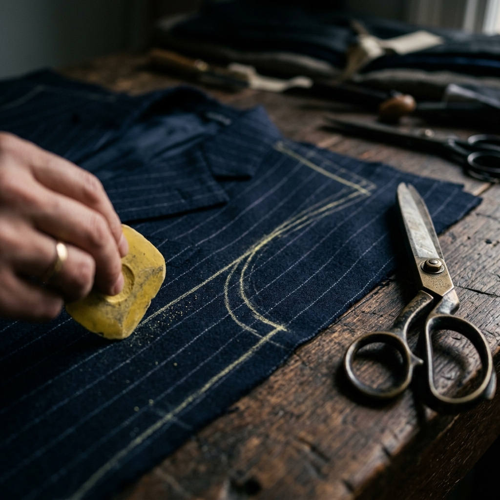 Tailors yellow chalk tracing geometric lines across navy wool cloth next to brass shears