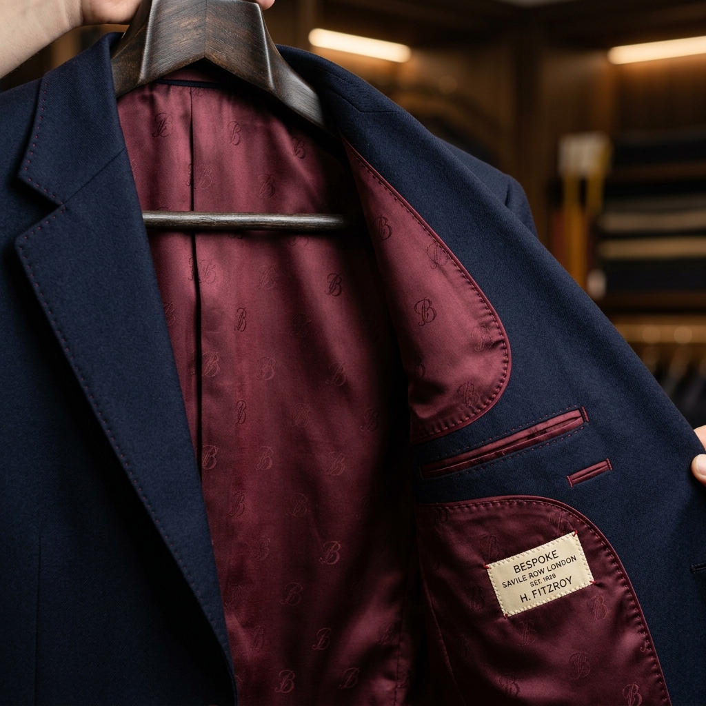 Deep burgundy jacquard silk suit lining with hand-piped internal jet pockets