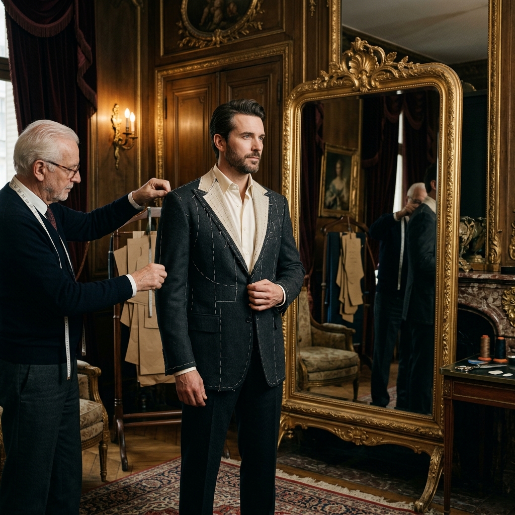 Basting fitting in private salon with full-length antique gold mirror