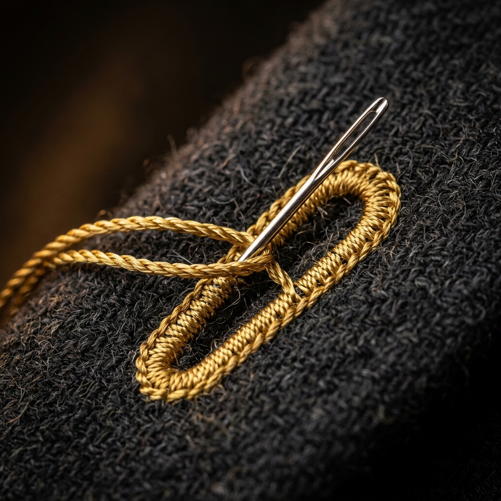 Silver needle pulling gold silk thread into a lapel milanaise buttonhole loop