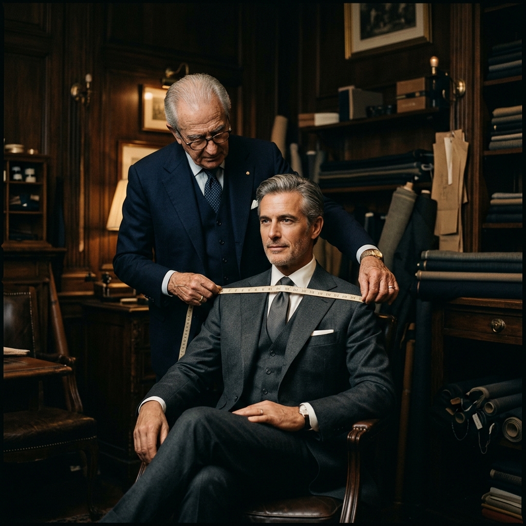 Italian master tailor measuring shoulder span of an elegant client with silk tape measure