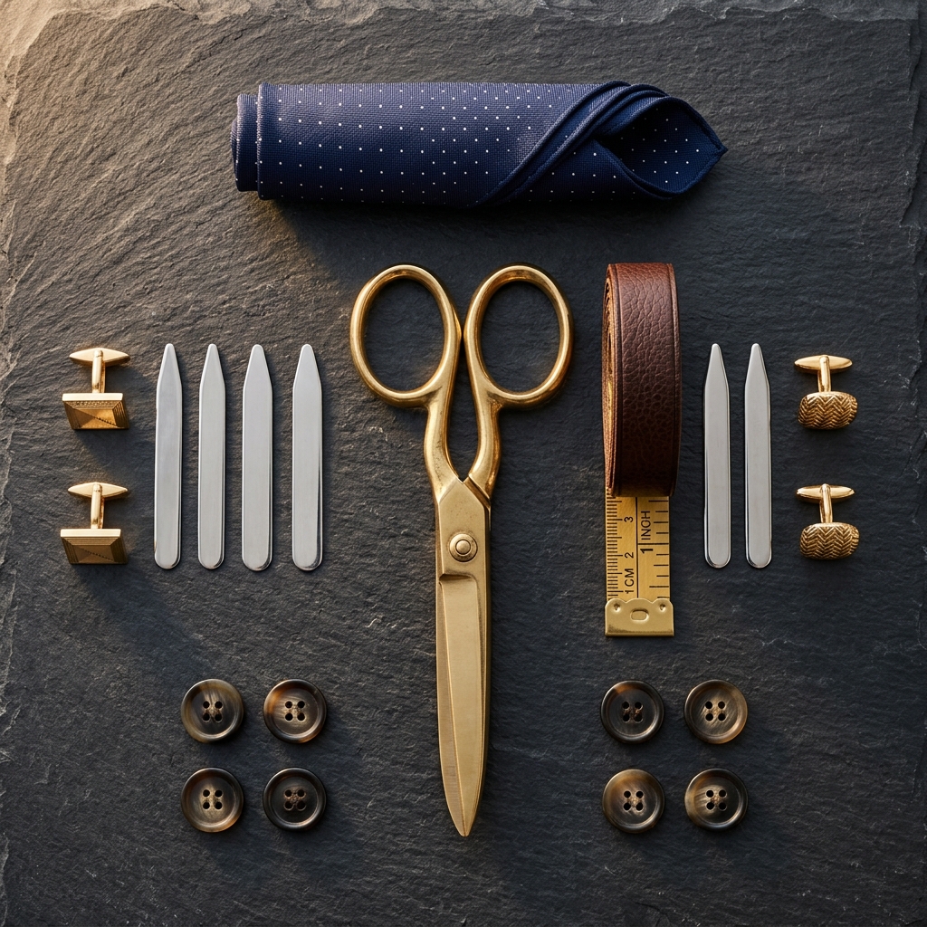 Arrangement of 7-fold jacquard silk ties, sterling collar stays, and linen pocket squares