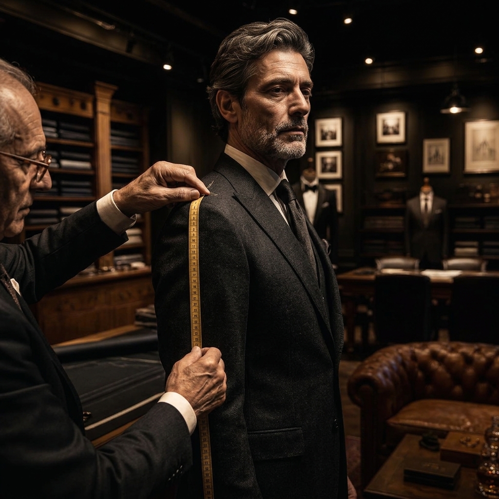 Seasoned Italian tailor holding brass shears over apron shoulder in workshop