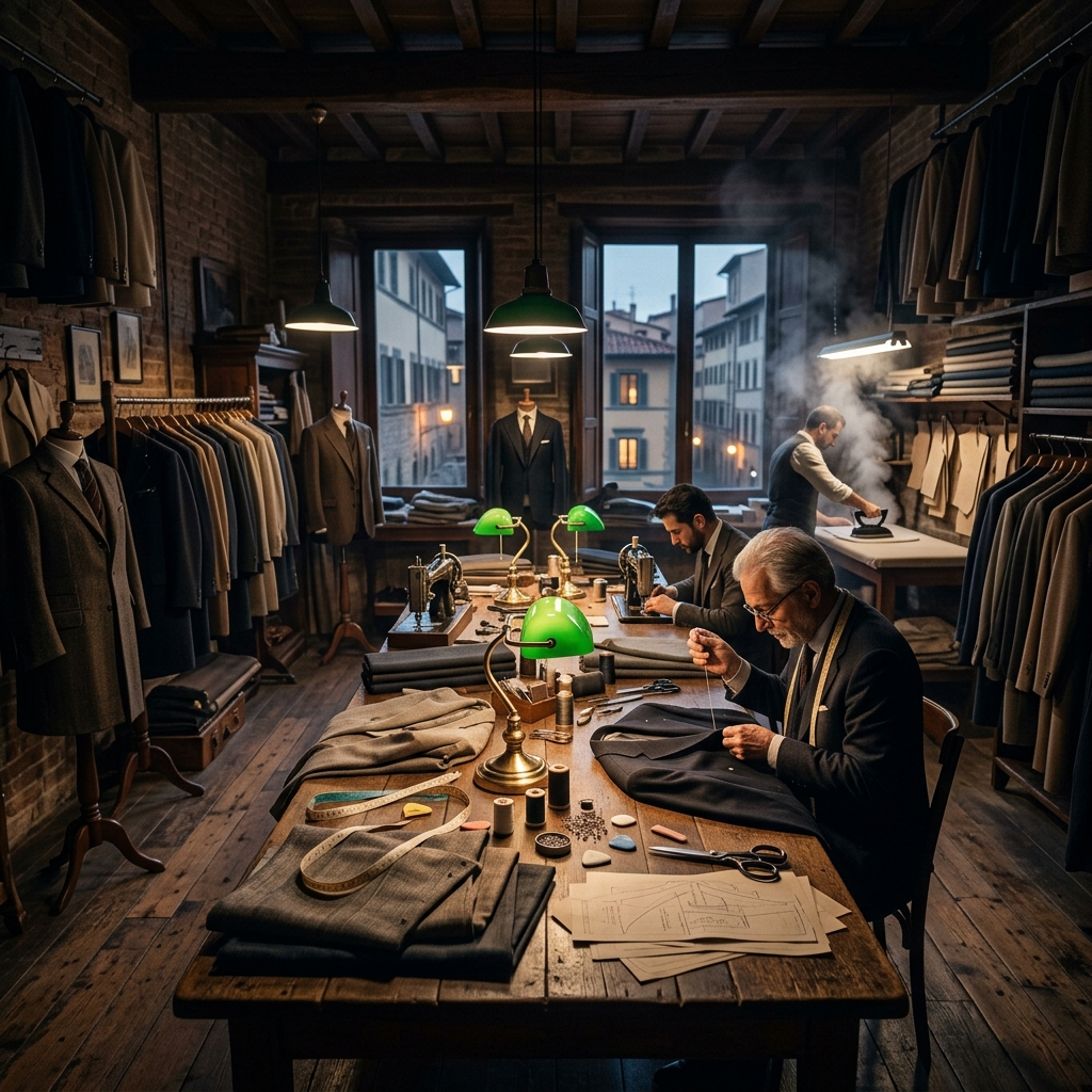 Atmospheric twilight view of Milanese atelier workbenches with green bankers lamps